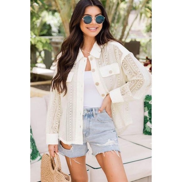 Azura Exchange  Beige Lace See-through Button Collared Shacket - Picture 6 of 15